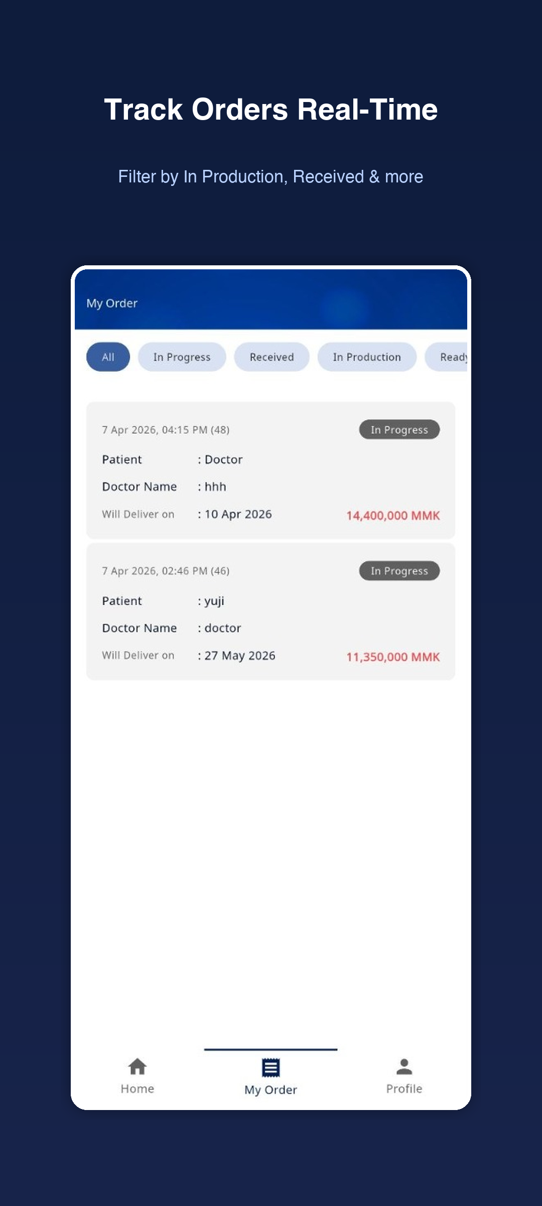 BioDent order tracking screen with status filters